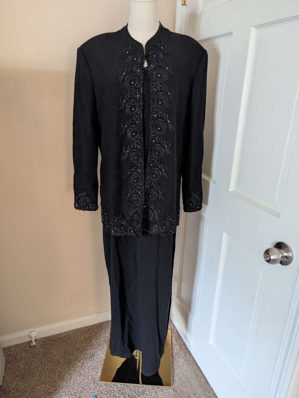 VTG El-Ana 2 Piece Wool Knit Skirt Set Black Ribbon Rosette Rhinestone 2X USA